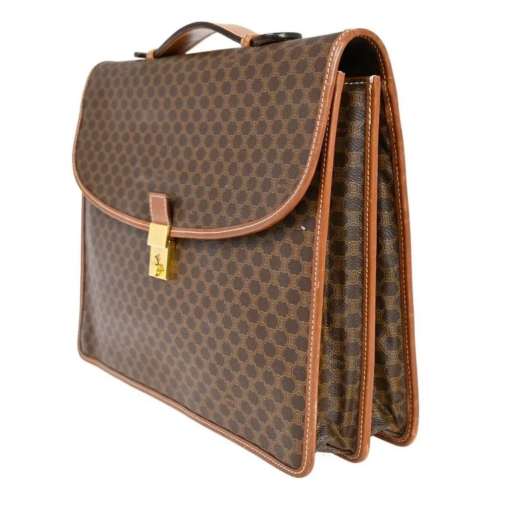 CELINE Logo Macadam Pattern Briefcase Hand Bag PVC Leather Brown Italy